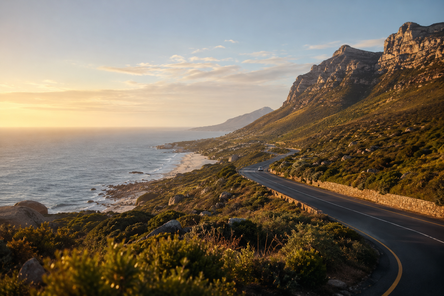 A coastal road winding between mountains and the Atlantic Ocean near Cape Town
