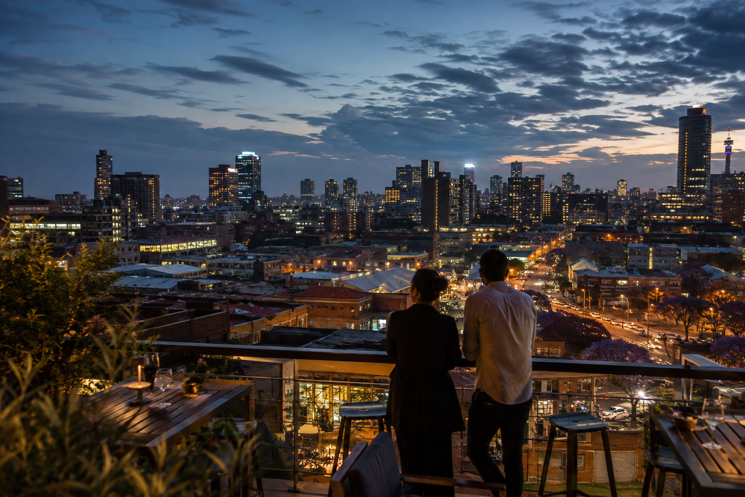 Johannesburg skyline glowing at blue hour